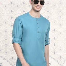 Ode by House of Pataudi Round Neck Roll Up Sleeves Silk Cotton Short Kurta-image-30