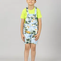 KiddoPanti Cotton Printed Dungaree With Round Neck T-shirt-57