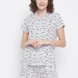 Clovia Woman Cotton Hello Kitty Button Down Shirt with Shorts-image-1
