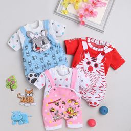 FOURFOLDS Infant Boys Pack Of 3 Printed Pure Cotton Dungarees With T-shirt-image-38