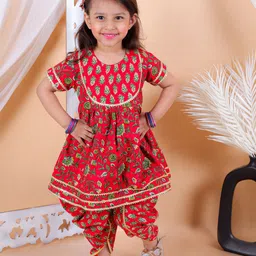 BownBee Girls Floral Printed Gotta Patti Pure Cotton Anarkali Kurta With Dhoti Pants-picture-19