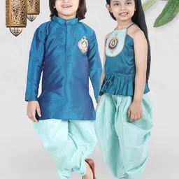 BownBee Girls Teal Blue & Turquoise Blue Embellished Top with Dhoti Pants-image-10