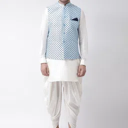 DEYANN Men Blue Ethnic Motifs Layered Dupion Silk Kurta with Dhoti Pants-picture-41