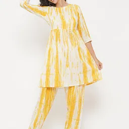 FABNEST Women Yellow Striped Pleated Pure Cotton Kurta with Trousers-image-50