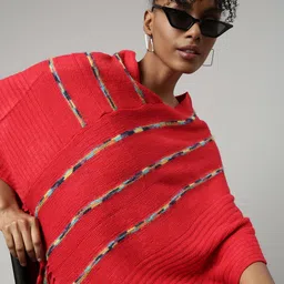 SHOWOFF V-Neck Three-Quarter Sleeves Striped Longline Poncho with Fringed Detail-image-75