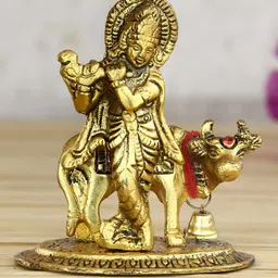 eCraftIndia Gold-Plated Textured Lord Krishna Playing Flute With Cow Showpiece-image-51