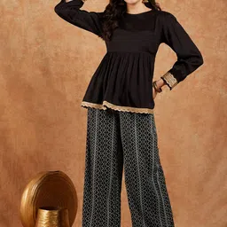SHOOLIN Round Neck Empire Gotta Patti Pure Silk Kurti with Palazzos-57