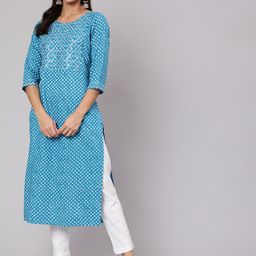 Jaipur Kurti Women Turquoise Blue Bandhani Embroidered Thread Work Kurta with Trousers-image-56