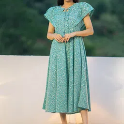 GAYRAA Geometric Printed Tie-Up Neck Flared Sleeves A-Line Dress-picture-8