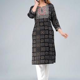 SARAI CREATIONS Bandhani Printed Notched Neck Zari and Thread Work Straight Kurta-image-22