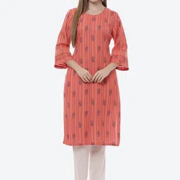 Rangriti Women Orange Ethnic Motifs Printed Flared Sleeves Thread Work Kurta-image-26