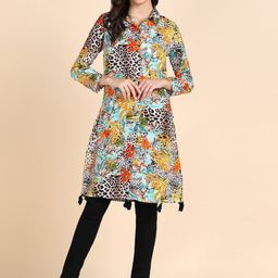 DODO & MOA Turquoise Blue & Black Animal Printed Shirt Collar Kurta-image-72