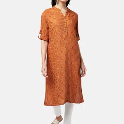 RANGMANCH BY PANTALOONS Women Mustard Yellow Printed Rayon Kurta-image-8