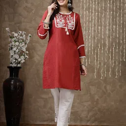 Nayam By Lakshita Floral Yoke Design Thread Work Pure Cotton Thread Work Kurti-image-10