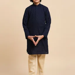 RAJUBHAI HARGOVINDAS Boys Chikankari Embroidered Mandarin Collar Long Sleeve Cotton Kurta-19