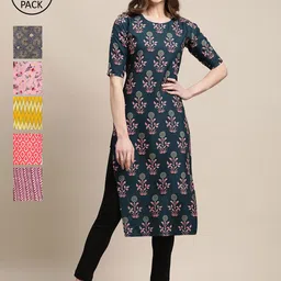 KALINI Women Pack of 6 Floral Printed Crepe Straight Kurta-picture-20