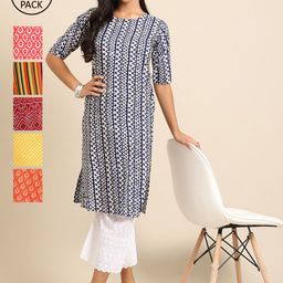 KALINI Women Yellow & Orange Pack Of 6 Geometric Printed Block Print Crepe Kurta-picture-13