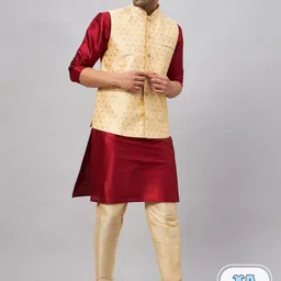 VASTRAMAY Mandarin Collar Straight Kurta With Churidar & Woven Design Nehru Jacket-picture-5