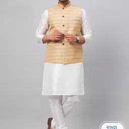 VASTRAMAY Mandarin Collar Kurta with Churidar & Nehru Jacket-image-74