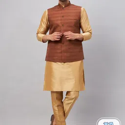 VASTRAMAY Mandarin Collar Kurta with Churidar & Nehru Jacket-image-56