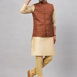 VASTRAMAY Mandarin Collar Straight Kurta With Churidar & Woven Design Nehru Jacket-picture-8