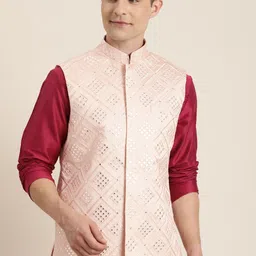 SHRESTHA BY VASTRAMAY Men Pink Embellished Woven Slim-Fit Nehru Jacket-picture-16