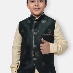 NAMASKAR Boys Green & Gold-Coloured Printed Pure Silk Woven Nehru Jacket-picture-1