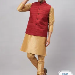 VASTRAMAY Mandarin Collar Kurta with Churidar & Nehru Jacket-image-76