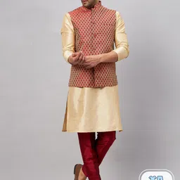VASTRAMAY Mandarin Collar Straight Kurta With Churidar & Woven Design Nehru Jacket-picture-7