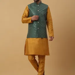 KRAFT INDIA Regular Sequinned Kurta with Churidar & Cotton Silk Nehru Jacket-image-21