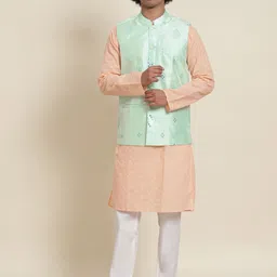 SOJANYA Men Peach-Coloured Pure Cotton Kurta with Pyjamas & Nehru Jacket-39