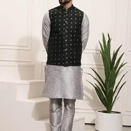 SOJANYA Band Collar Straight Kurta with Churidar & Nehru Jacket-image-95