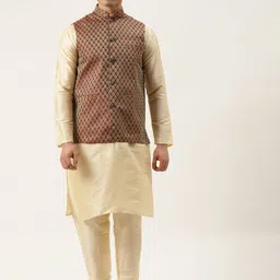 SOJANYA Men Cream Kurta with Churidar & Nehru Jacket-picture-42