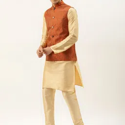 SOJANYA Men Golden Kurta with Churidar & Nehru Jacket-picture-38