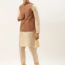 SOJANYA Men Cream Kurta with Churidar & Nehru Jacket-picture-17