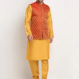 KRAFT INDIA Men Mustard Kurta and Churidar with Nehru Jacket-image-28