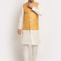 KRAFT INDIA Men Cream Kurta and Churidar with Nehru jacket-image-33