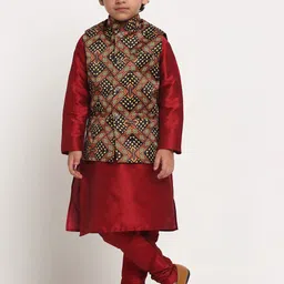 Benstoke Boys Maroon & Black Straight Kurta with Churidar & With Printed Nehru Jacket-picture-20