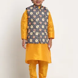 Benstoke Boys Yellow & Grey Solid Straight Kurta with Churidar & With Printed Nehru Jacket-image-93