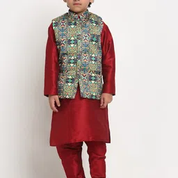 Benstoke Boys Maroon Kurta with Churidar With Jacket-image-73