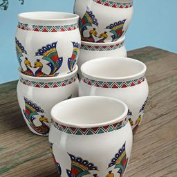 Arrabi White & Blue Set Of 6 Dishwasher Safe Ceramic Glossy Kulladhs Set 220 ml Each-11
