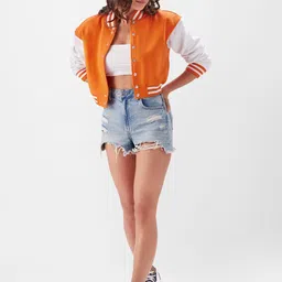 The Souled Store Colourblocked Lightweight Pure Cotton Crop Varsity Jacket-picture-8
