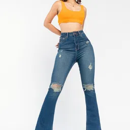 FREAKINS Women Bootcut High-Rise Slash Knee Light Fade Pure Cotton Jeans-picture-54