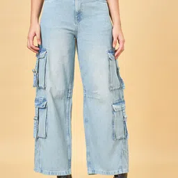 SF JEANS by Pantaloons Women High-Rise Heavy Fade Pure Cotton Cargo Jeans-image-55
