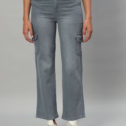 BROOWL Women Classic Straight Fit High-Rise Light Fade Stretchable Cargo Jeans-image-65