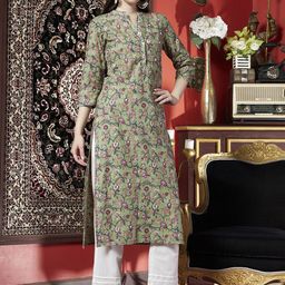 Sangria Floral Printed Mandarin Collar Cotton Straight Kurta-16