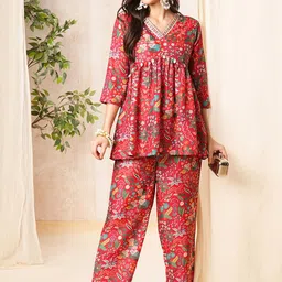 Globus Women Red Printed Alia-Cut Tunic & Straight Pant Co-Ord Set-54