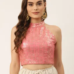 NDS Niharikaa Designer Studio Pink & Golden Embellished Sequinned Padded Saree Blouse-image-2