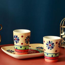Unravel India 2 Pcs Yellow & Blue Hand Painted Ceramic Matte Mug with 1 Tray-picture-28