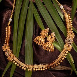 Saraf RS Jewellery Gold-Plated Stone-Studded Peacock Temple Jewellery Set-26